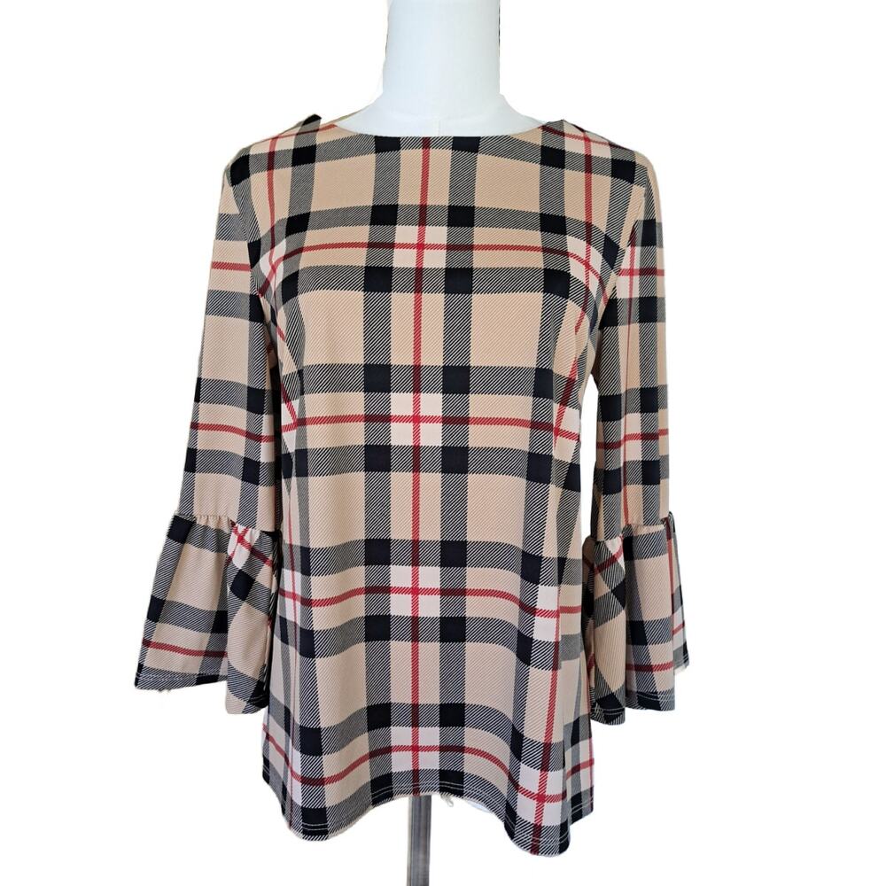 JUDE CONNALLY Dixie Top Tan Red Black Tartan Plaid Print Medium 3/4 Bell Sleeve